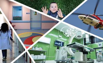 A collage of images, including a helicopter, a child smiling, a medical unit, a nurse walking.